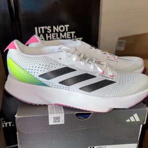adidas Womens White Sneakers with Black Stripes and Neon Accents